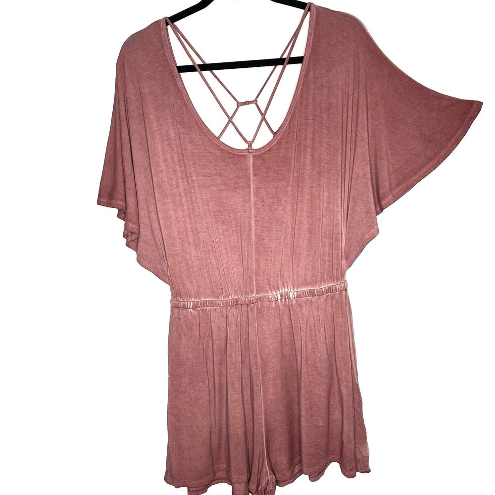 American Eagle Strappy Romper Womens M Scoop Neck Flutter Sleeve Stretch Pink - Picture 2 of 11